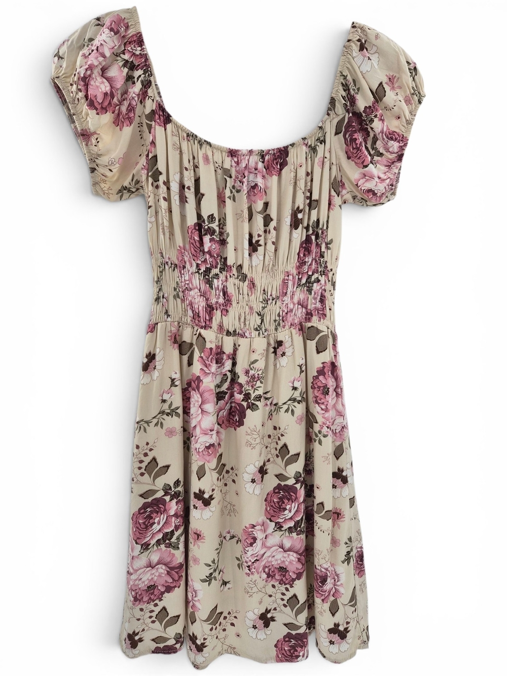 Cream Floral Mini Dress S Puff Sleeve Smocked Waist Coquette Cottagecore Prairie - Picture 6 of 14